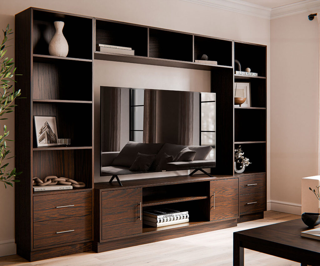 Living room furniture with dark wood entertainment center, shelves, drawers, and TV