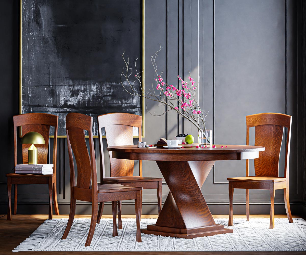 Elegant Amish dining set with a round pedestal table and four curved-back chairs in rich wood tones, set against a modern dark-paneled wall with minimalist decor.