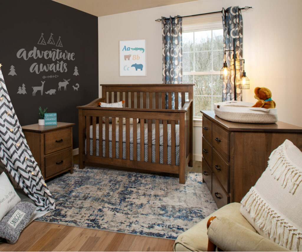 Children’s furniture set with crib, dresser, changing table, and nightstand