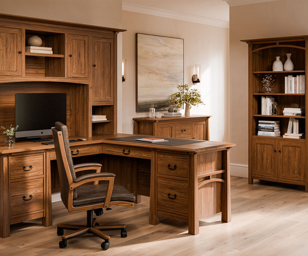 Solid wood office furniture with desk, hutch, chair, bookcase, and cabinet