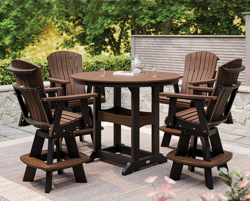 Outdoor furniture set with round table and four Adirondack-style chairs