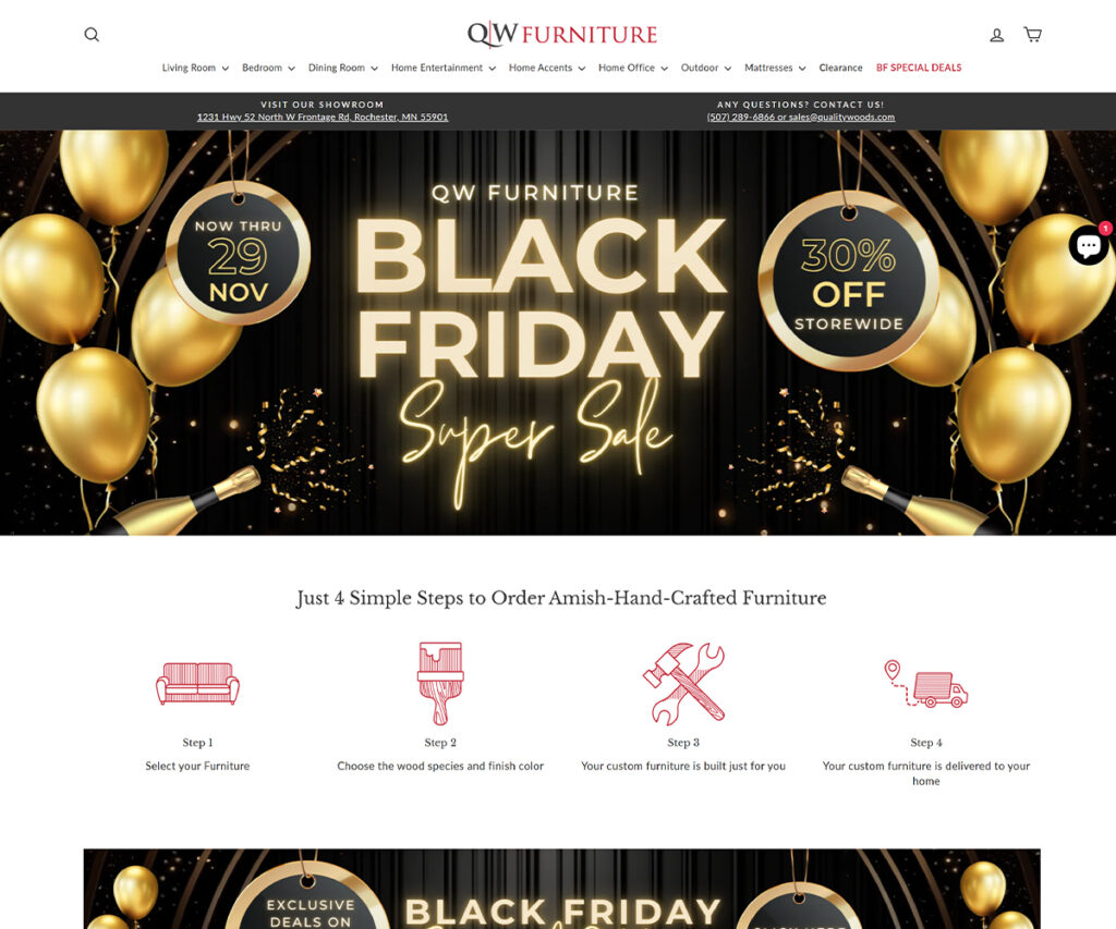 Quality Woods homepage screenshot from one of the best Amish furniture websites.