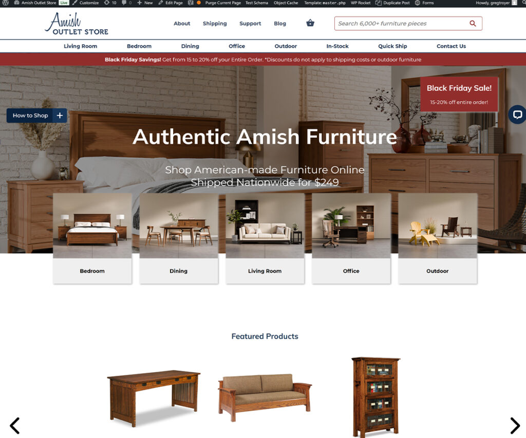 Screenshot of Amish Outlet Store homepage used in guide to the best Amish furniture websites.