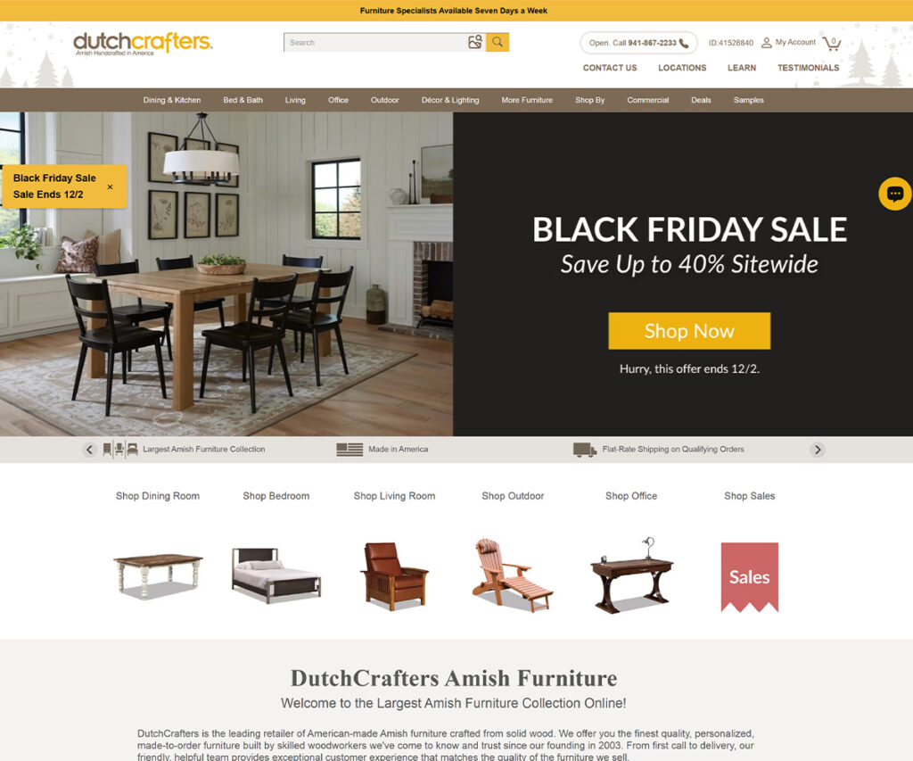 DutchCrafters homepage screenshot in comparison of best Amish furniture websites Black Friday sale.