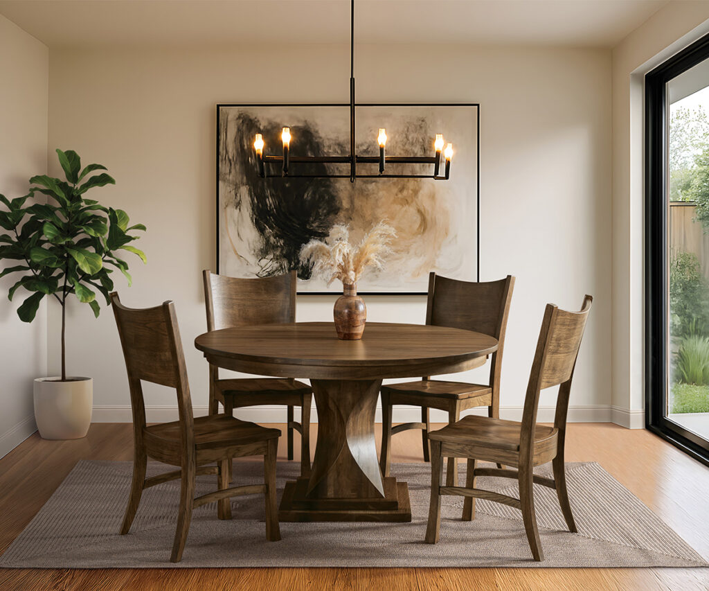 Amish dining room furniture with round pedestal table and wooden chairs in a bright room